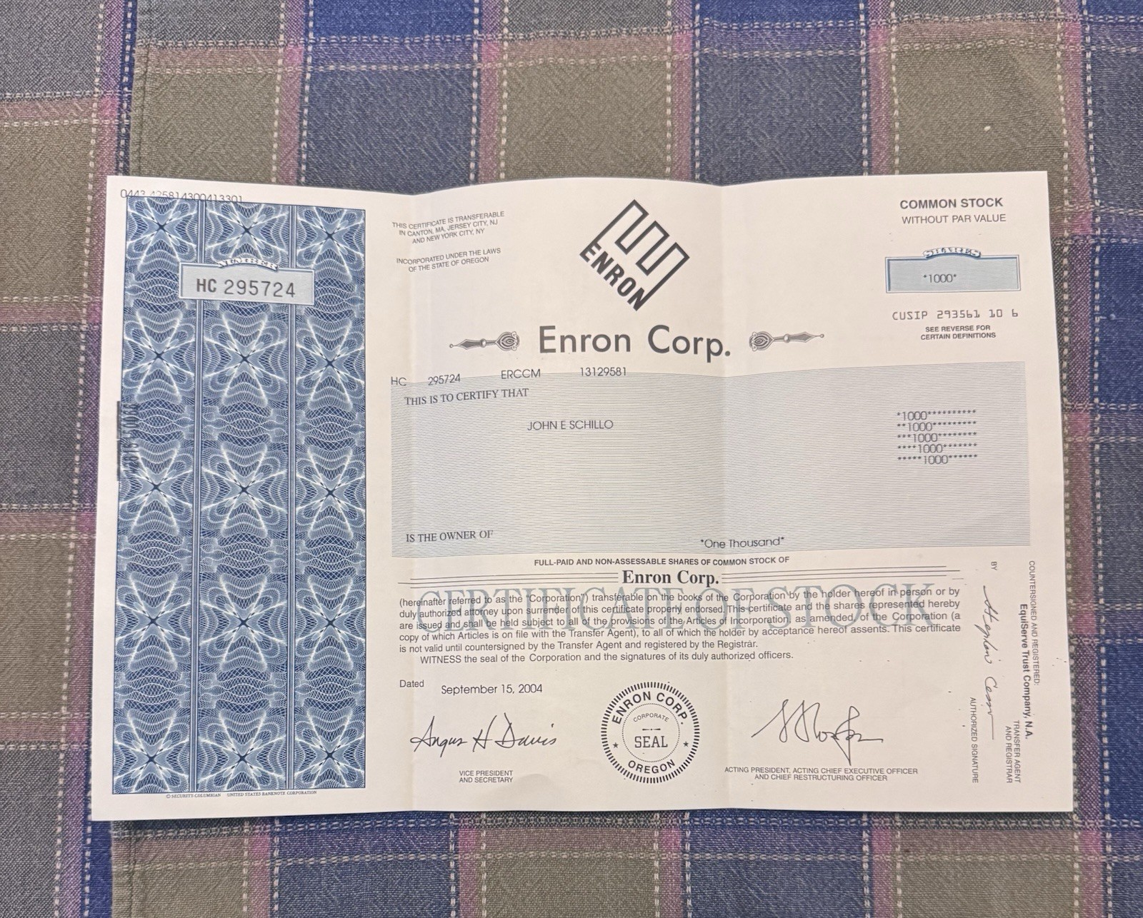 Enron Corporation  Stock Certificate - 1000 Shares